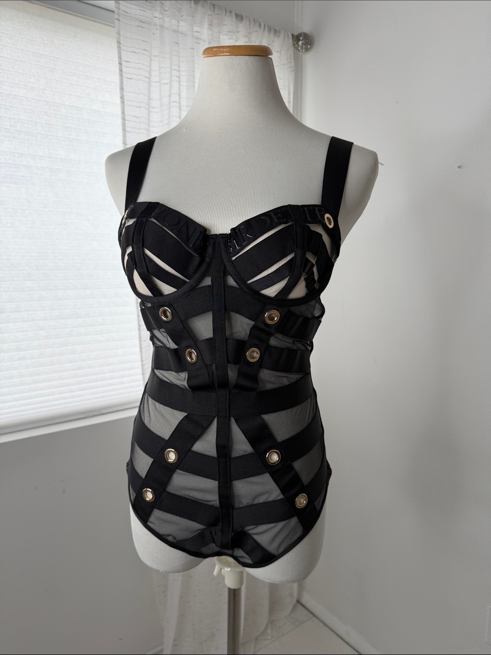 Honey Birdette Black Strappy Mesh and gold playsuit Bodysuit women lingerie 34C